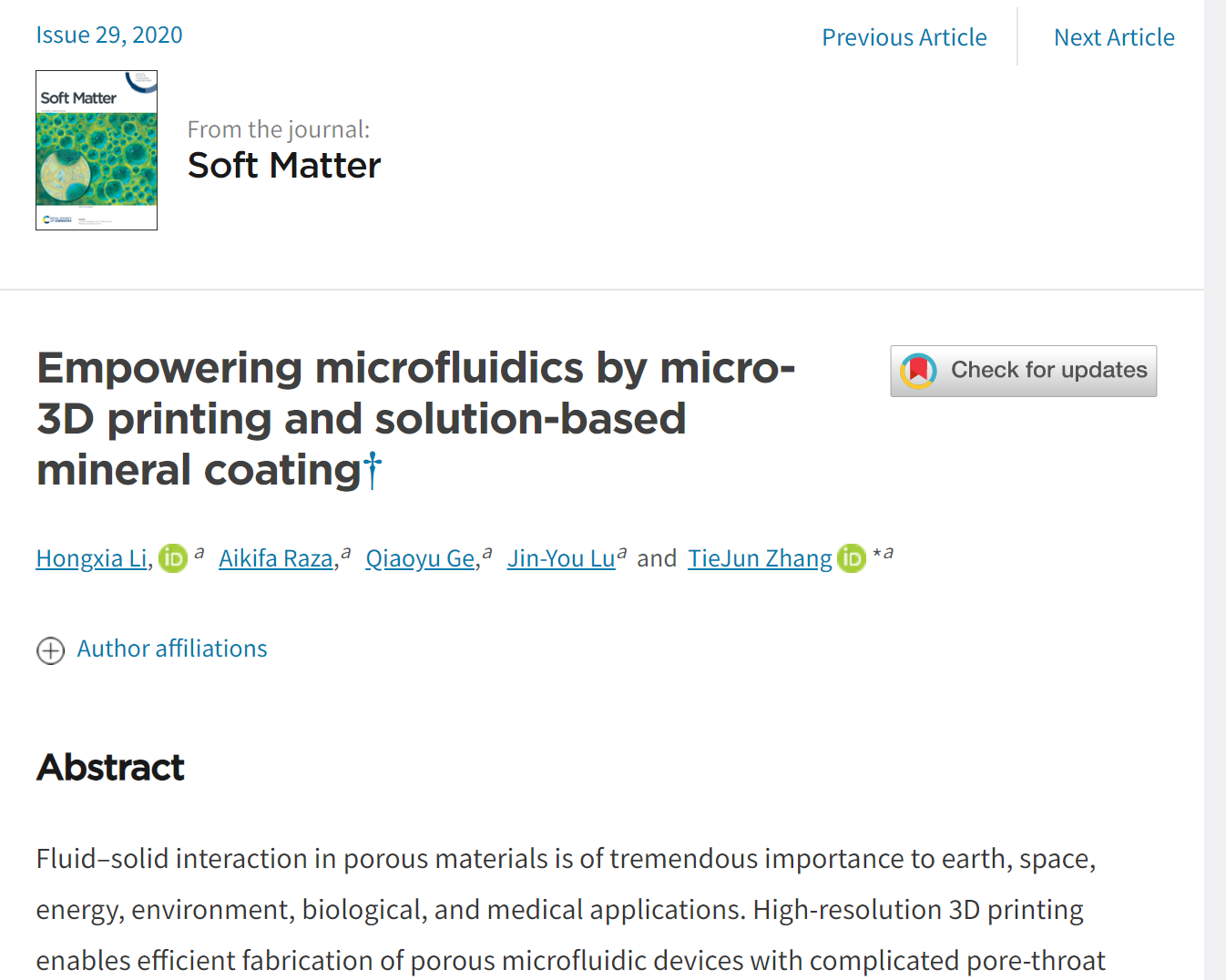 《Soft Matter》：利用微尺度3D打印和矿物涂层技术助力功能性微流控研究