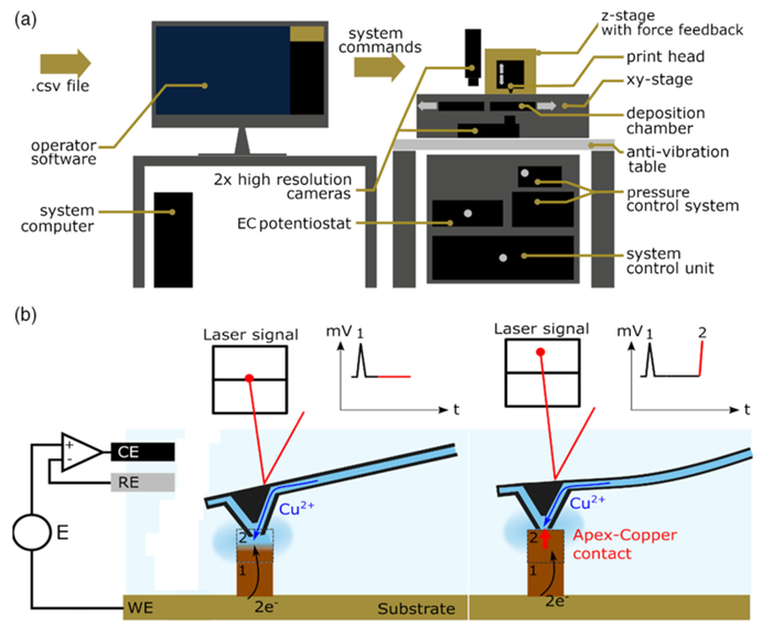基于中空AFM悬臂梁金属电化学沉积3D打印系统示意图及打印过程示意图